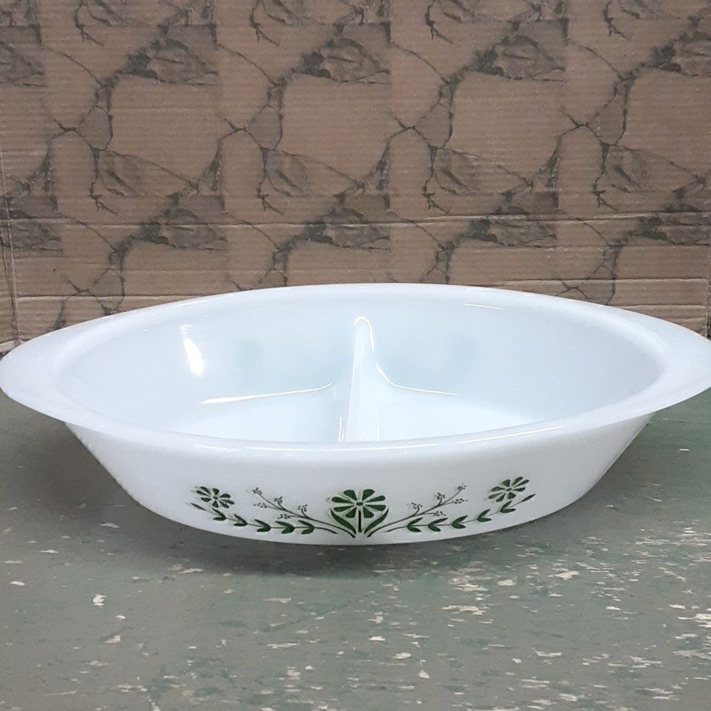 Vintage‎ Glasbake green daisy Primrose Dream Divided Oval Casserole Dish …